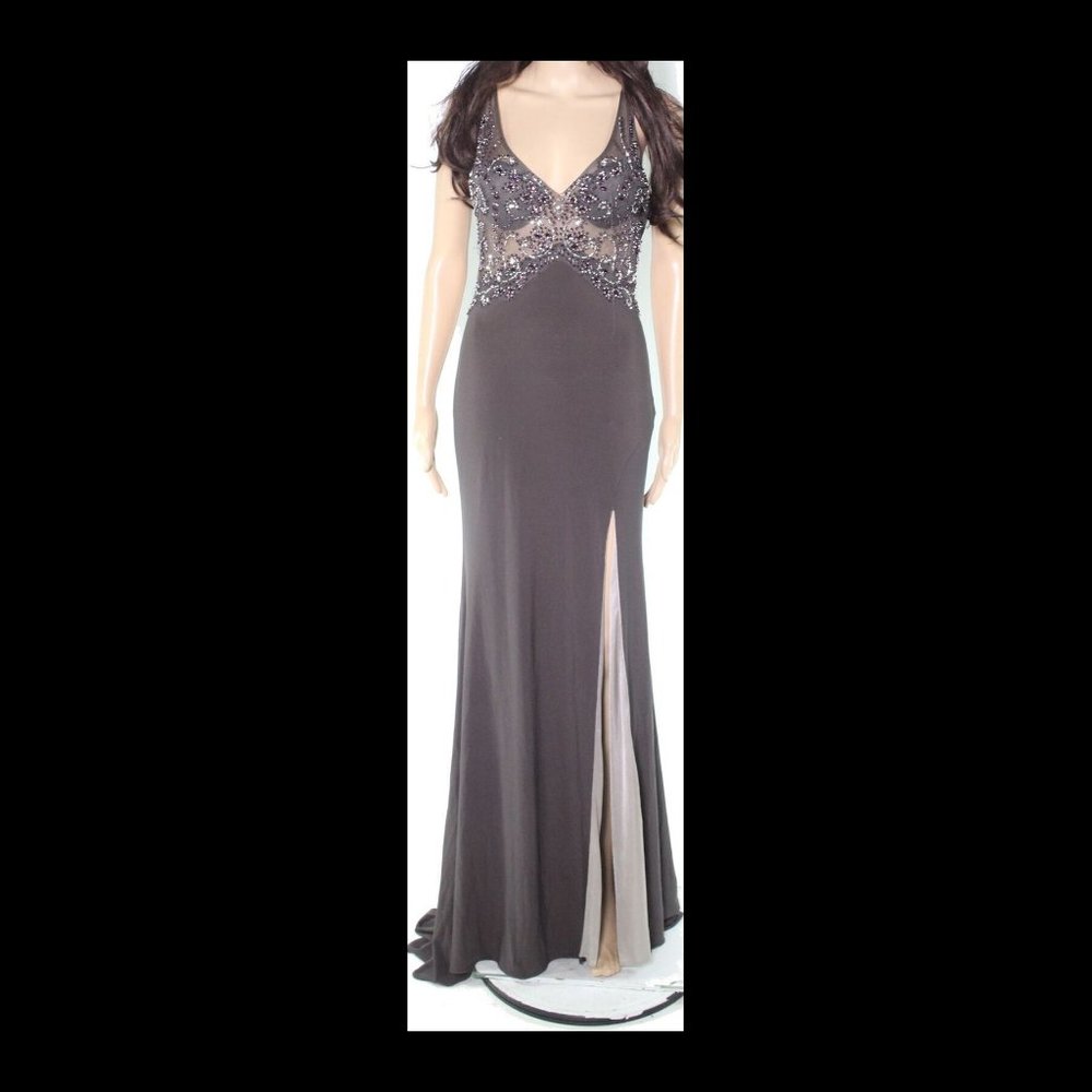 Betsy & Adam Gray w/ Purple/White Beaded High Slit Maxi Dress Gown Size 4 NWT